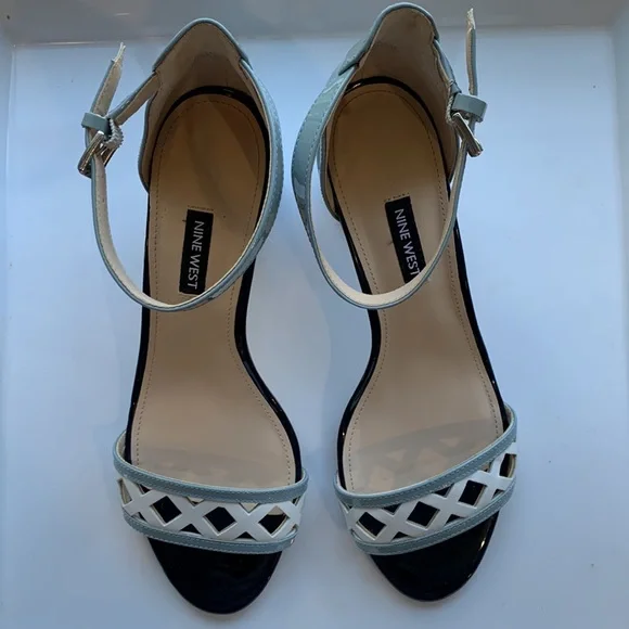 Nine West Paisley Open Toe Blue Patent Leather Block Heel Sandals - Picture 3 of 16